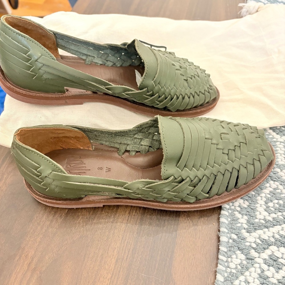 Espiritu Huarache Woven Leather Flats Women Green 8 Mexican Slip On Sandals